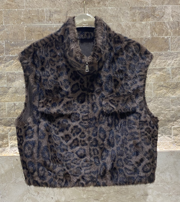 Gaby Leopard سترة من الفرو الصناعي بنقشة جلد النمر وياقة عالية وسحاب