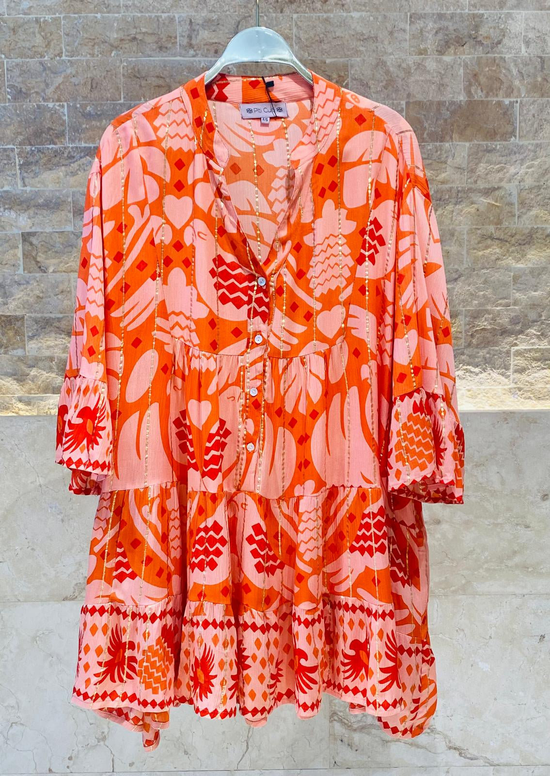 I112 V Round Neck Half Buttoned Printed Flowy Tiered Short Dress - Brown Loft