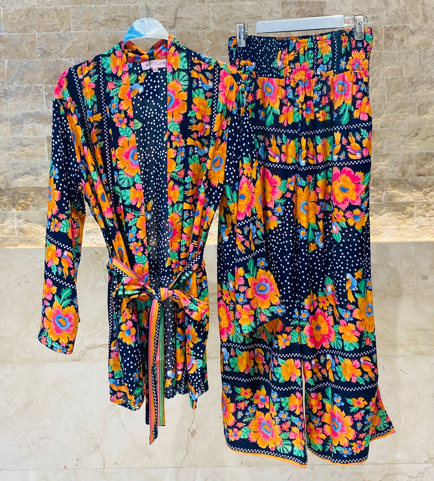 I121 Floral Printed Belted Long Cardigan with Matching Wide Leg Pants - Brown Loft
