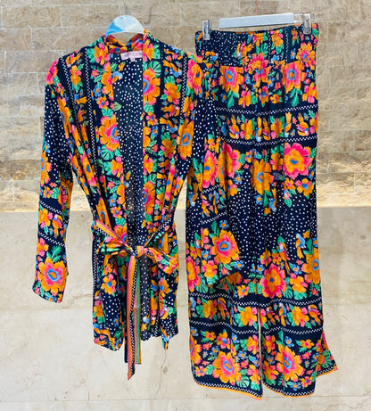 I121 Floral Printed Belted Long Cardigan with Matching Wide Leg Pants - Brown Loft