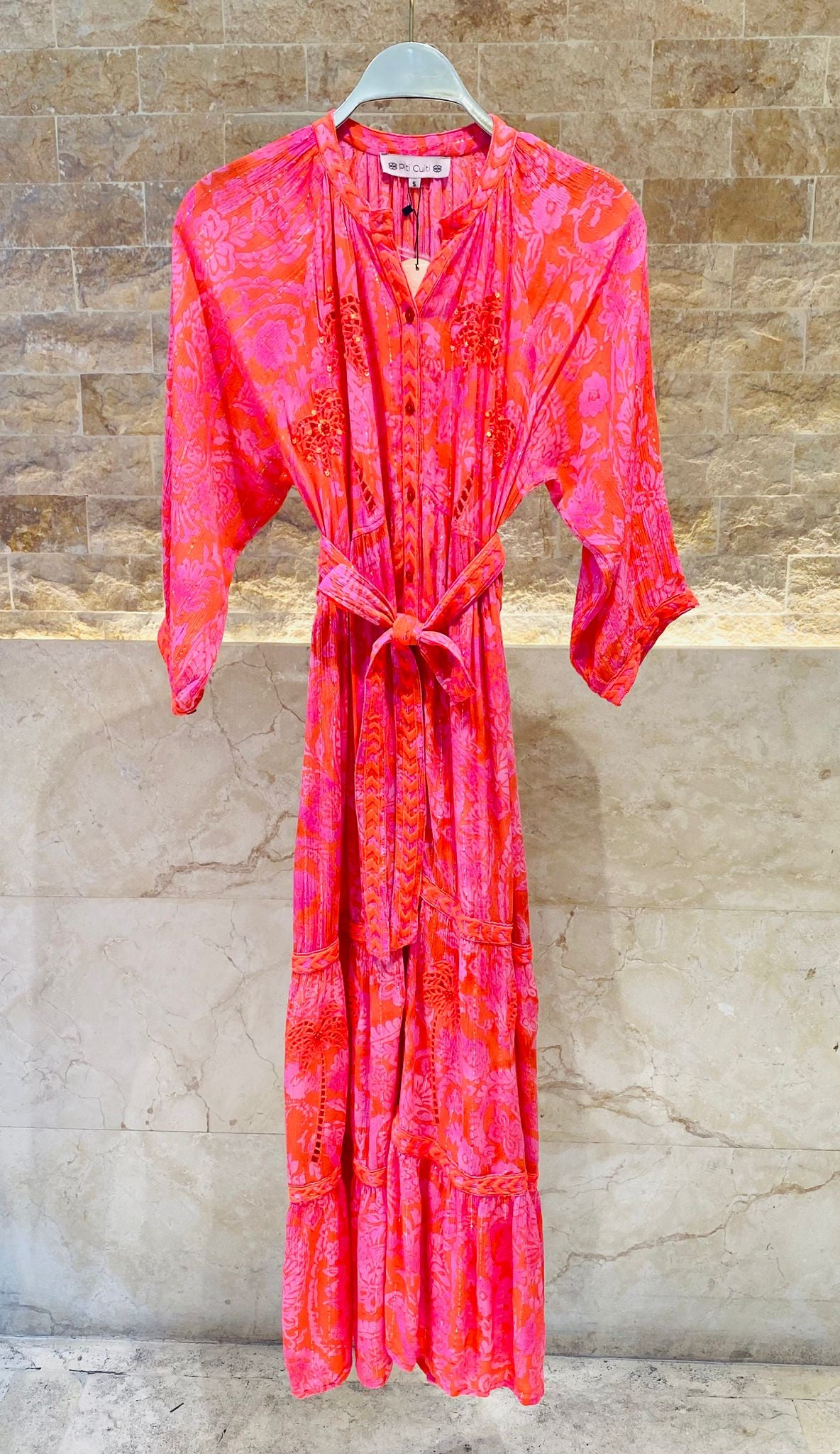 I331 Neon Embroidered Sequins Tree Printed Maxi Tiered Dress - Brown Loft