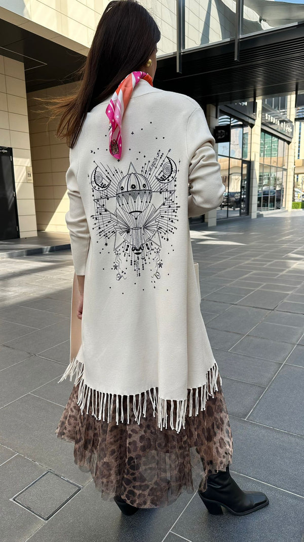 31934 (KNITWEAR CARDIGAN BEIGE) سترة صوفية تريكو مع شراشيب بيج