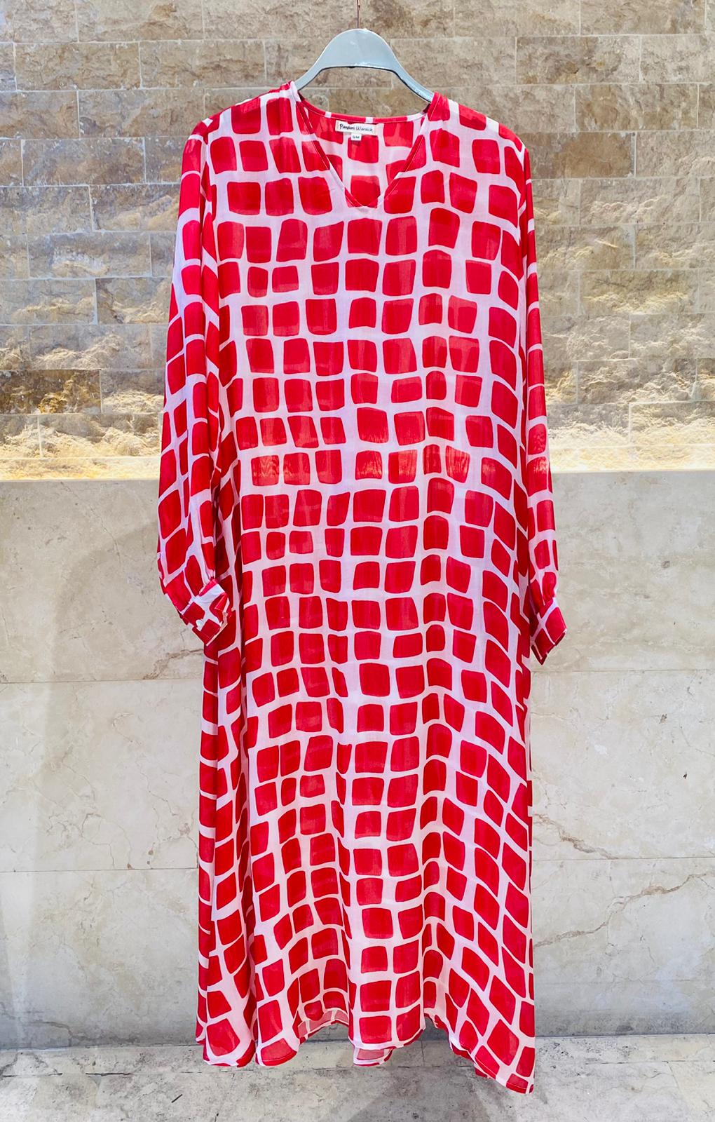 Design-304 V Neck Square Printed A Line Oversized Long Kaftan - Brown Loft