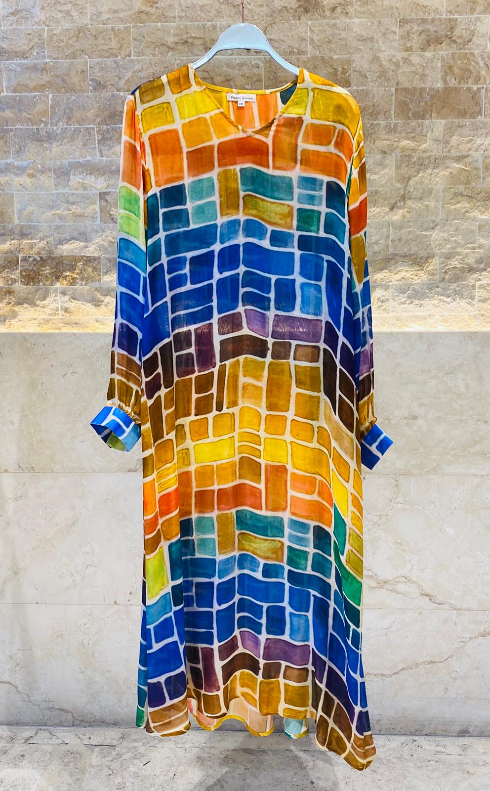 Design-304 V Neck Square Printed A Line Oversized Long Kaftan - Brown Loft