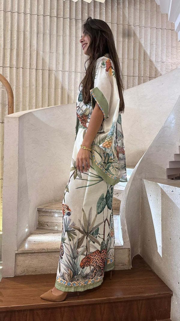 YCM251020 Set Leopard and Garden Print Linen Set طقم كتان بطبعة الفهد والحديقة