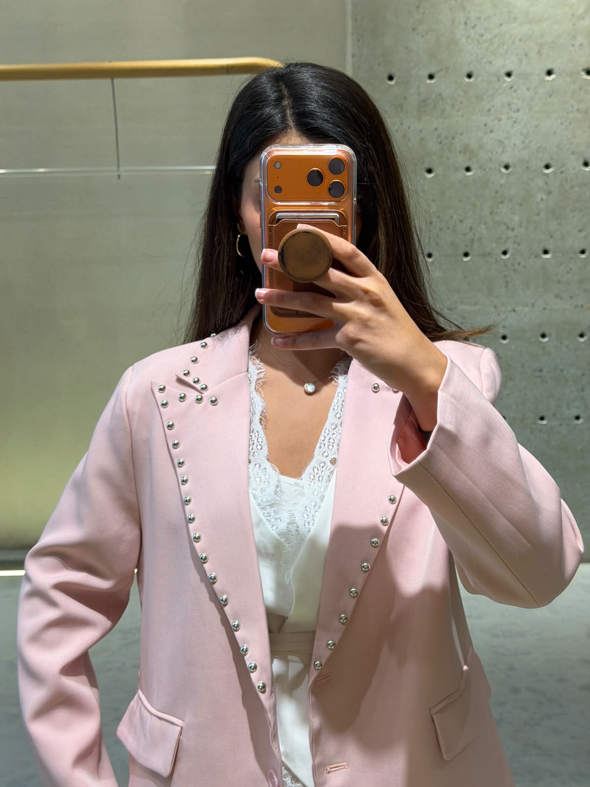 Straight-cut blazer jacket with studded lapel collar JM33607