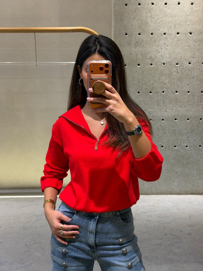 Red Quarter-Zip Pullover Top U80616