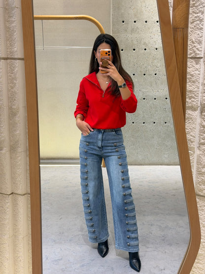 Red Quarter-Zip Pullover Top U80616