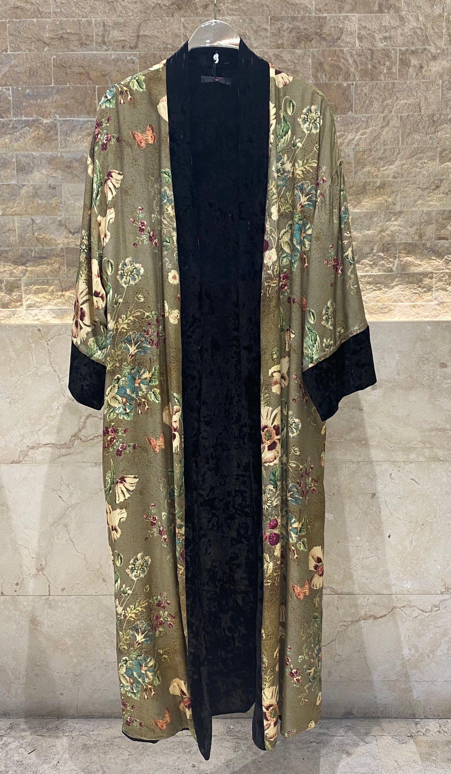 25583/2522 Scoop Neckline Velvet Long Sleeveless Dress with Floral Kimono - Brown Loft