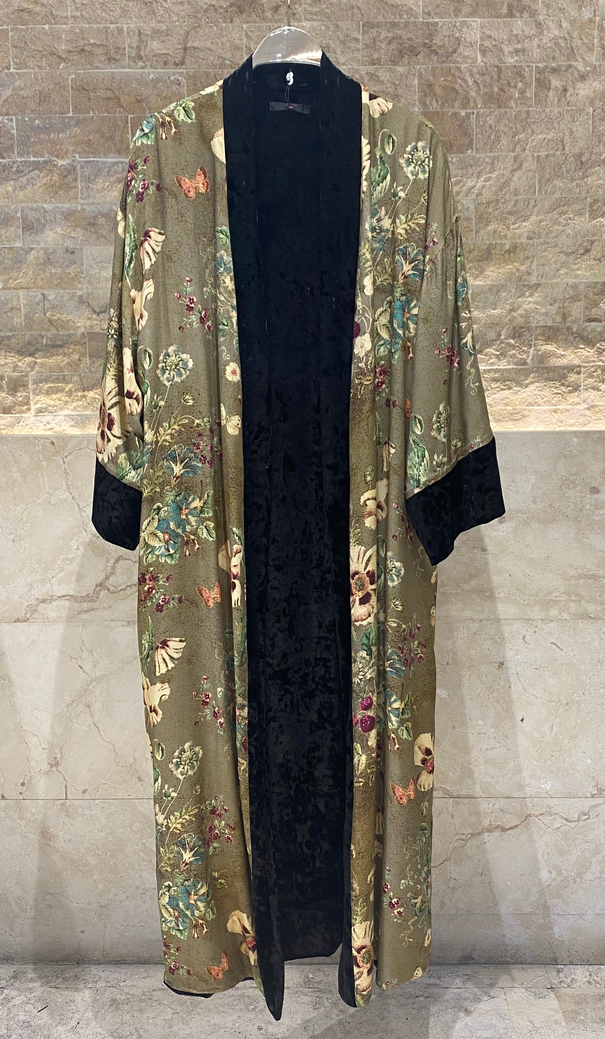 25583/2522 Scoop Neckline Velvet Long Sleeveless Dress with Floral Kimono - Brown Loft