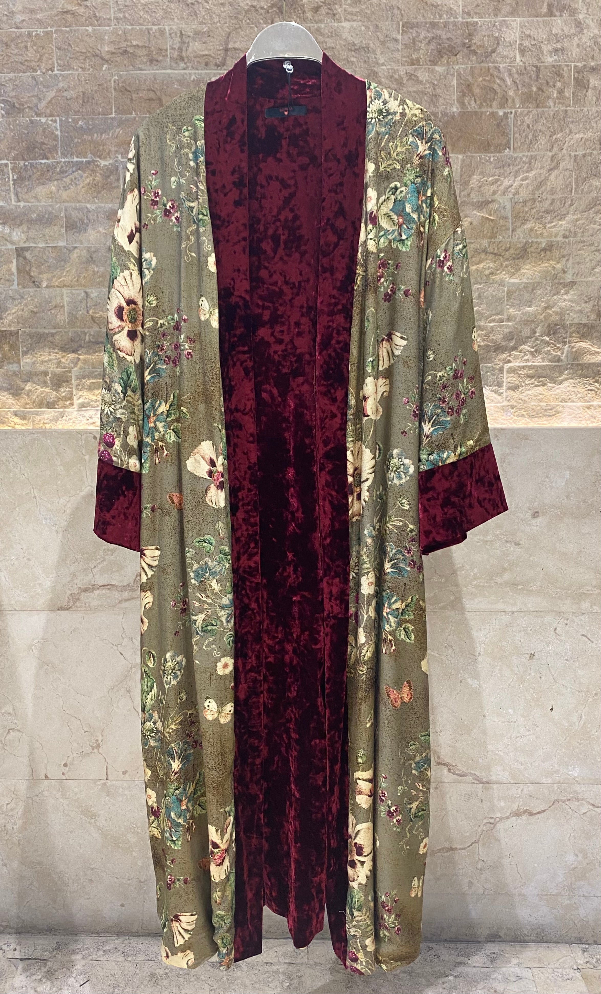 25583/2522 Scoop Neckline Velvet Long Sleeveless Dress with Floral Kimono - Brown Loft