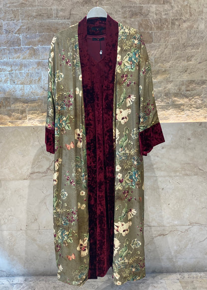 25583/2522 Scoop Neckline Velvet Long Sleeveless Dress with Floral Kimono - Brown Loft