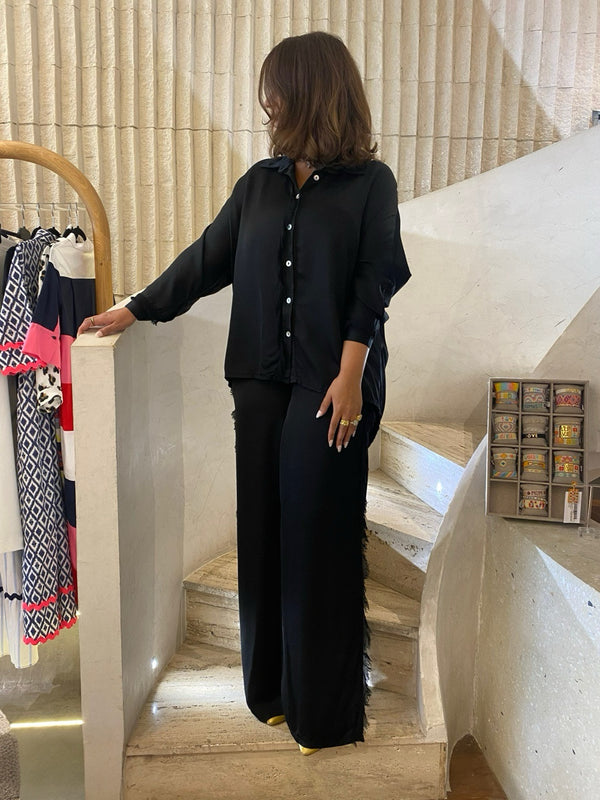 KD8607B Set - Oversized Satin Shirt and Wide Leg Pants