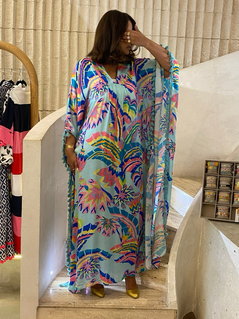 BL6 Satin Long Printed Kaftan Dress - Brown Loft