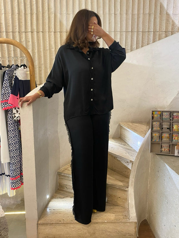 KD8607B Set - Oversized Satin Shirt and Wide Leg Pants