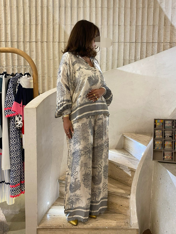 KD7365G - Oversized Satin Top and Wide Leg Pants Fashion Set