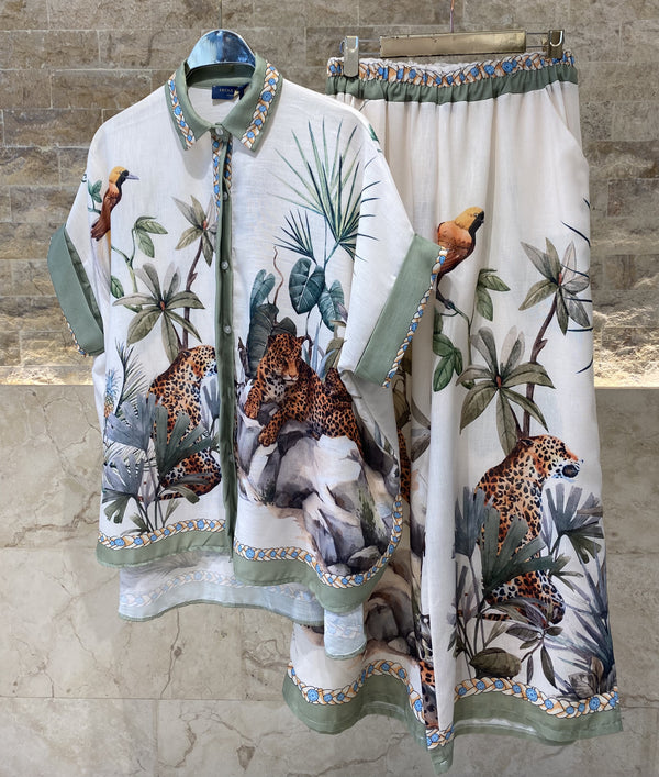 YCM251020 Set Leopard and Garden Print Linen Set طقم كتان بطبعة الفهد والحديقة