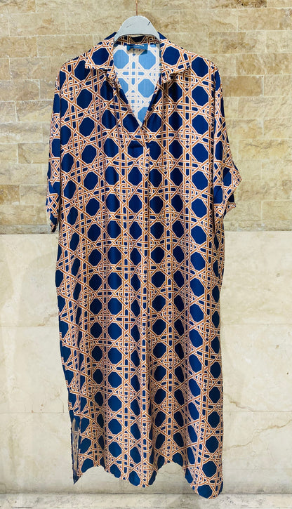 KD9702VS Geometric Cane Print Satin Dress