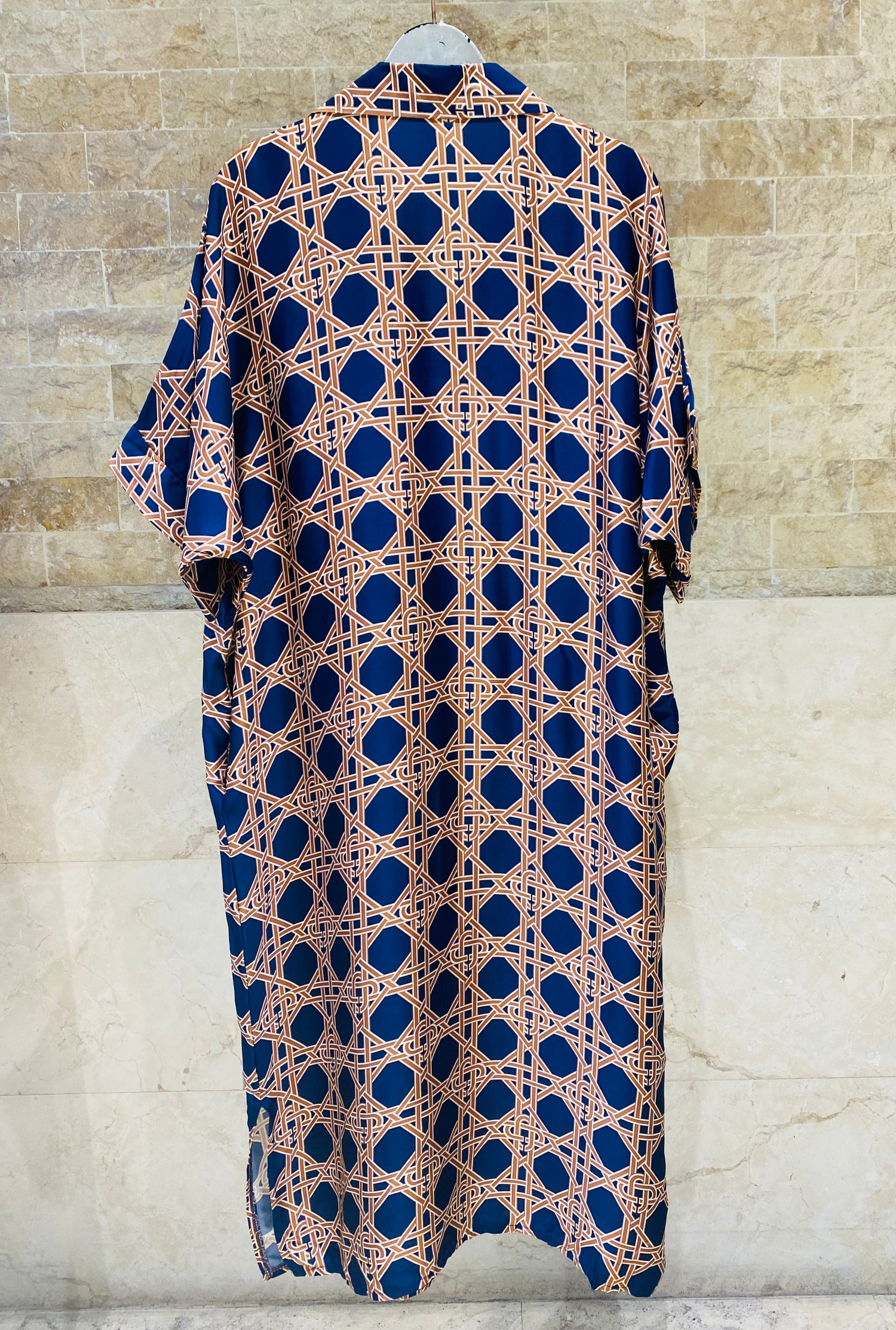 KD9702VS Geometric Cane Print Satin Dress
