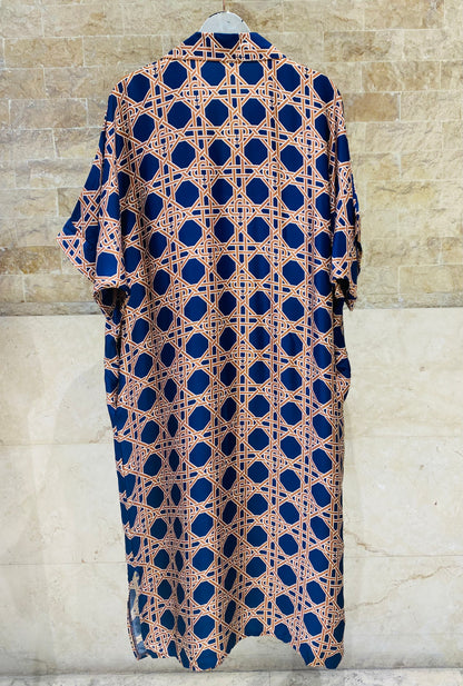 KD9702VS Geometric Cane Print Satin Dress