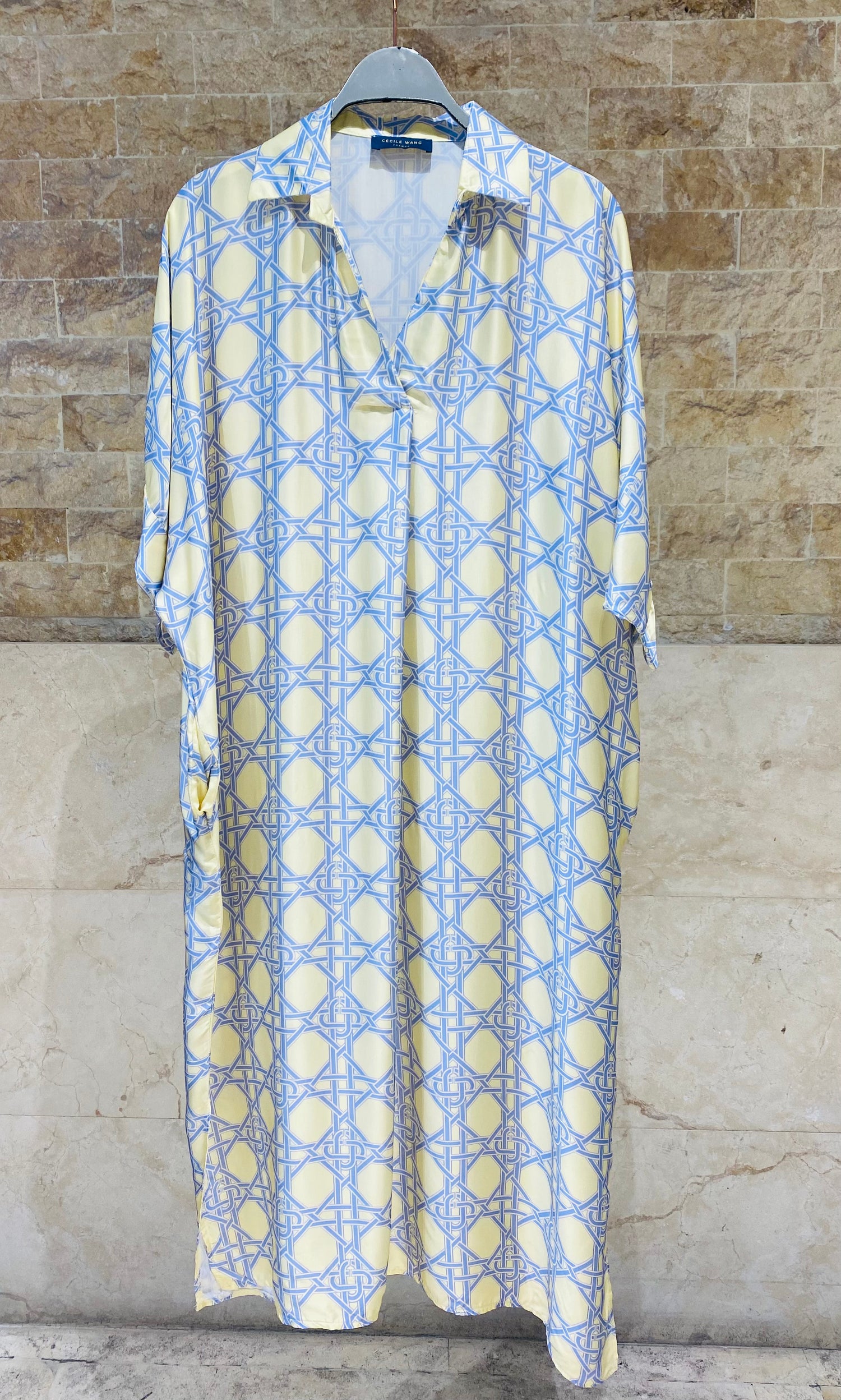 KD9702VS Geometric Cane Print Satin Dress