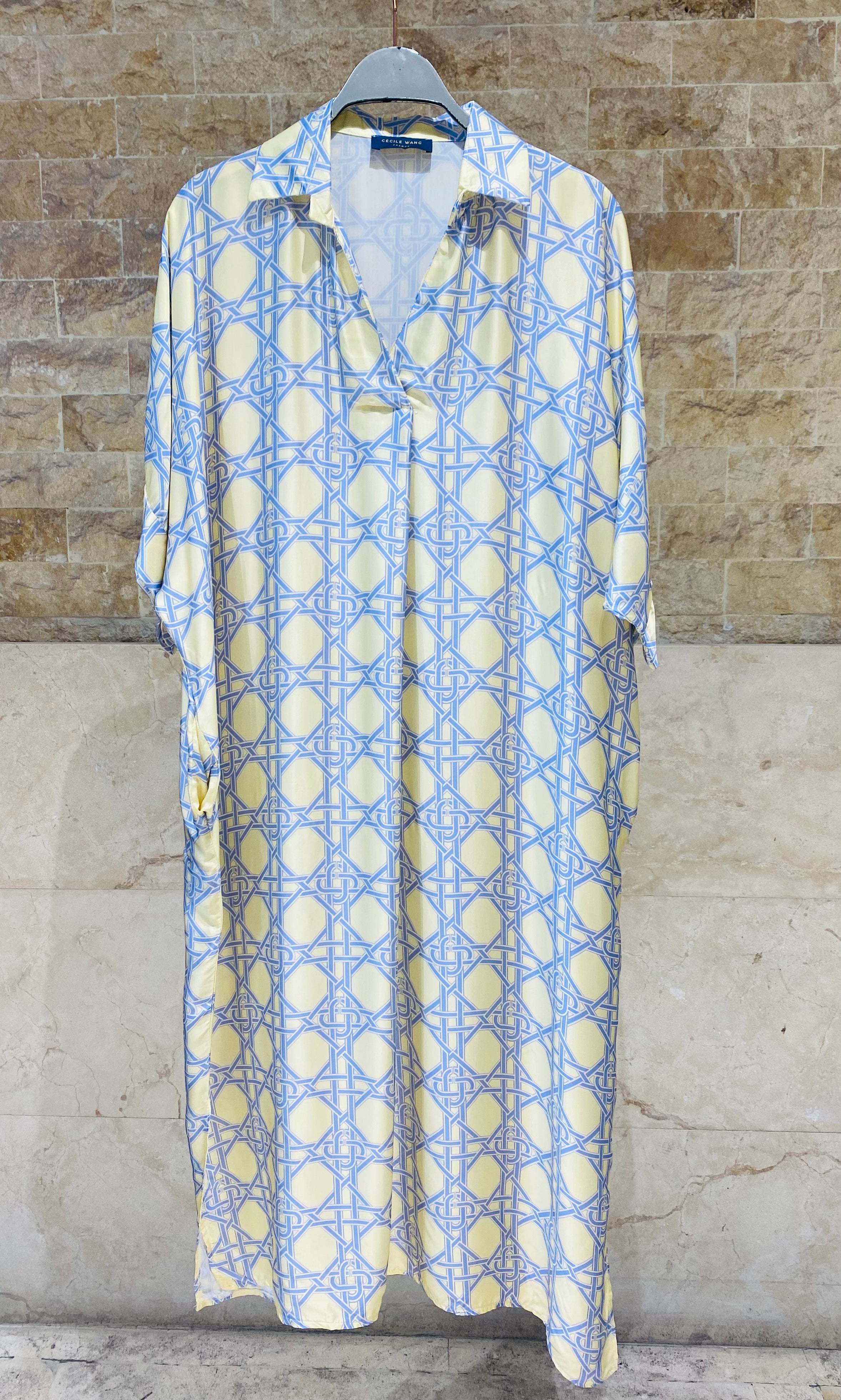 KD9702VS Geometric Cane Print Satin Dress