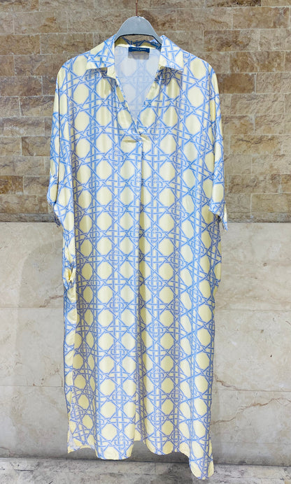 KD9702VS Geometric Cane Print Satin Dress