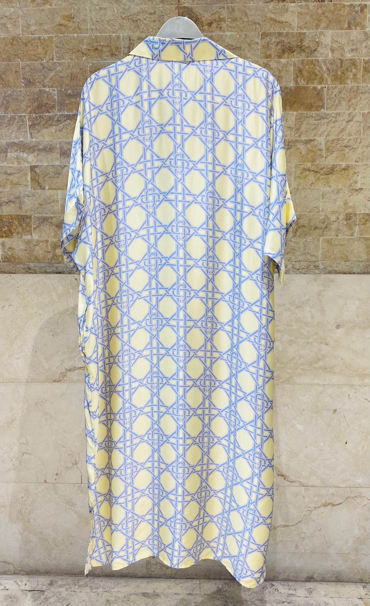 KD9702VS Geometric Cane Print Satin Dress