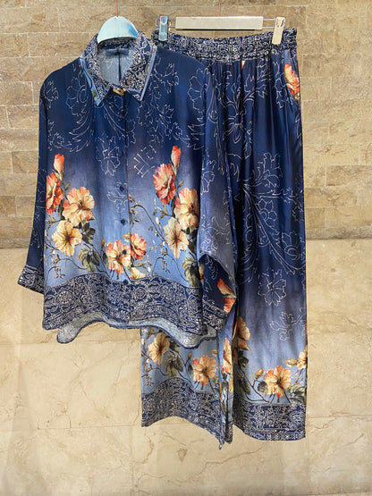 Floral Print Satin Shirt and Pants Sets KD8658/7789VS