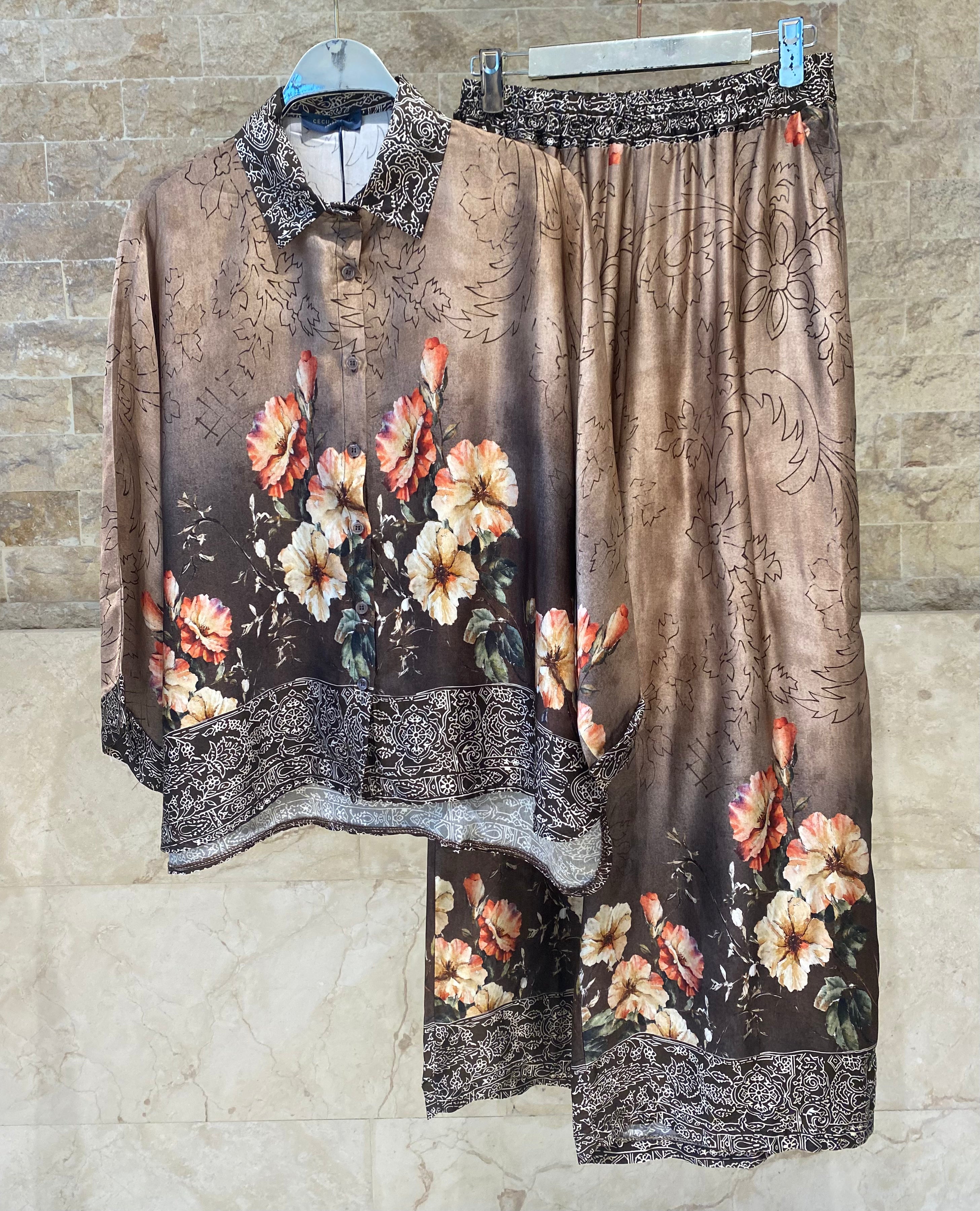 Floral Print Satin Shirt and Pants Sets KD8658/7789VS