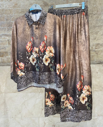 Floral Print Satin Shirt and Pants Sets KD8658/7789VS