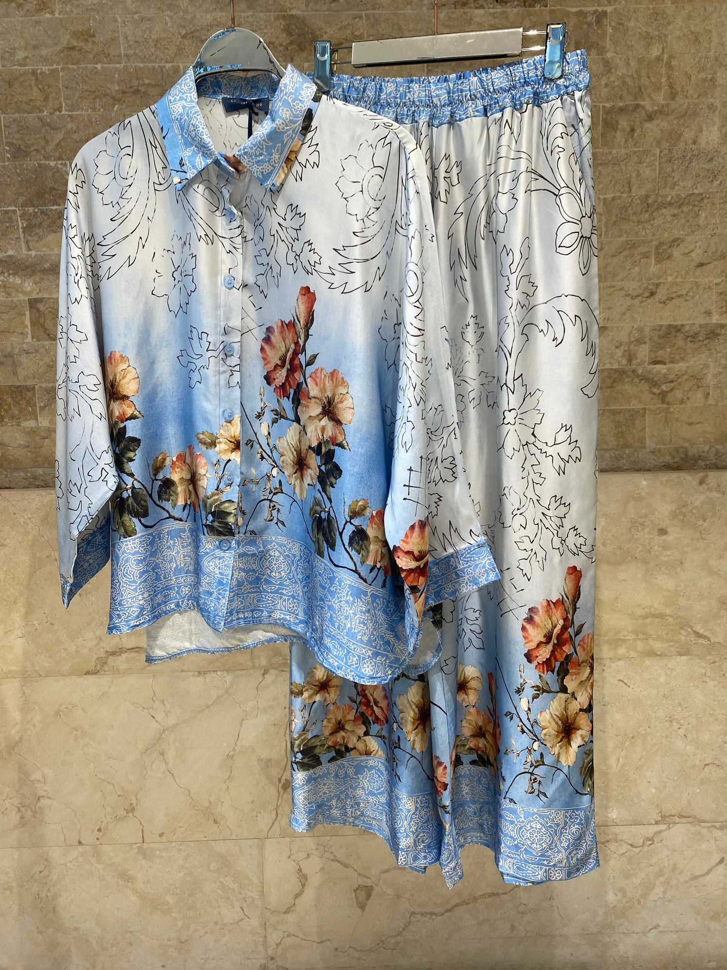 Floral Print Satin Shirt and Pants Sets KD8658/7789VS