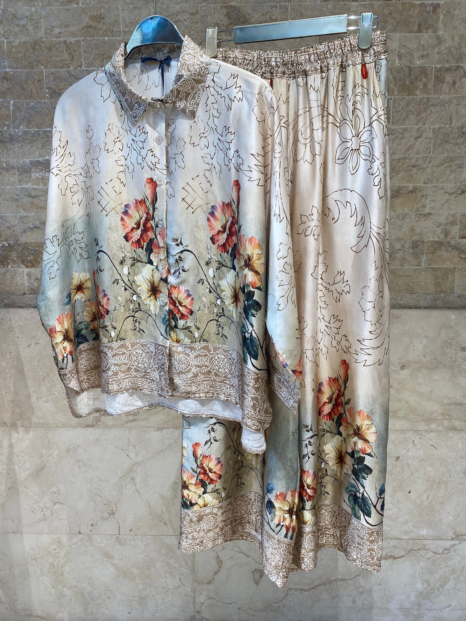 Floral Print Satin Shirt and Pants Sets KD8658/7789VS