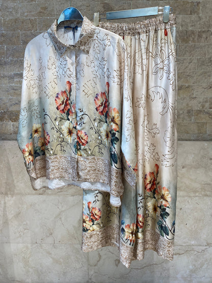 Floral Print Satin Shirt and Pants Sets KD8658/7789VS