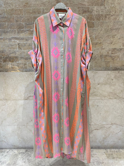 Icaria Fluor Geometric Ikat Patterned Oversized Dress - Brown Loft