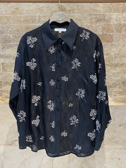 Jessy Beads/Pearls Detailed Sheer Shirt قميص شفاف مزين بالخرز/اللؤلؤ - Brown Loft