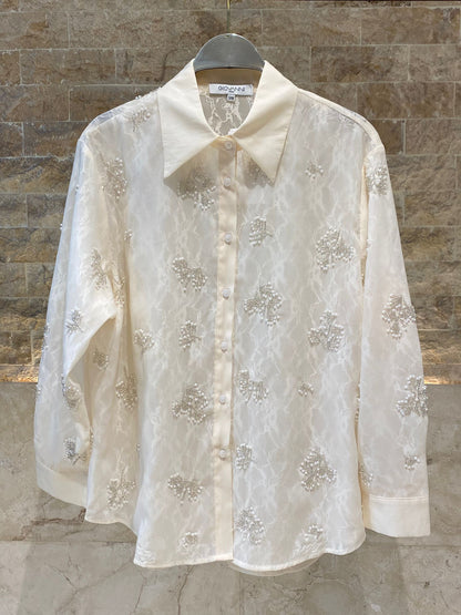 Jessy Beads/Pearls Detailed Sheer Shirt قميص شفاف مزين بالخرز/اللؤلؤ - Brown Loft