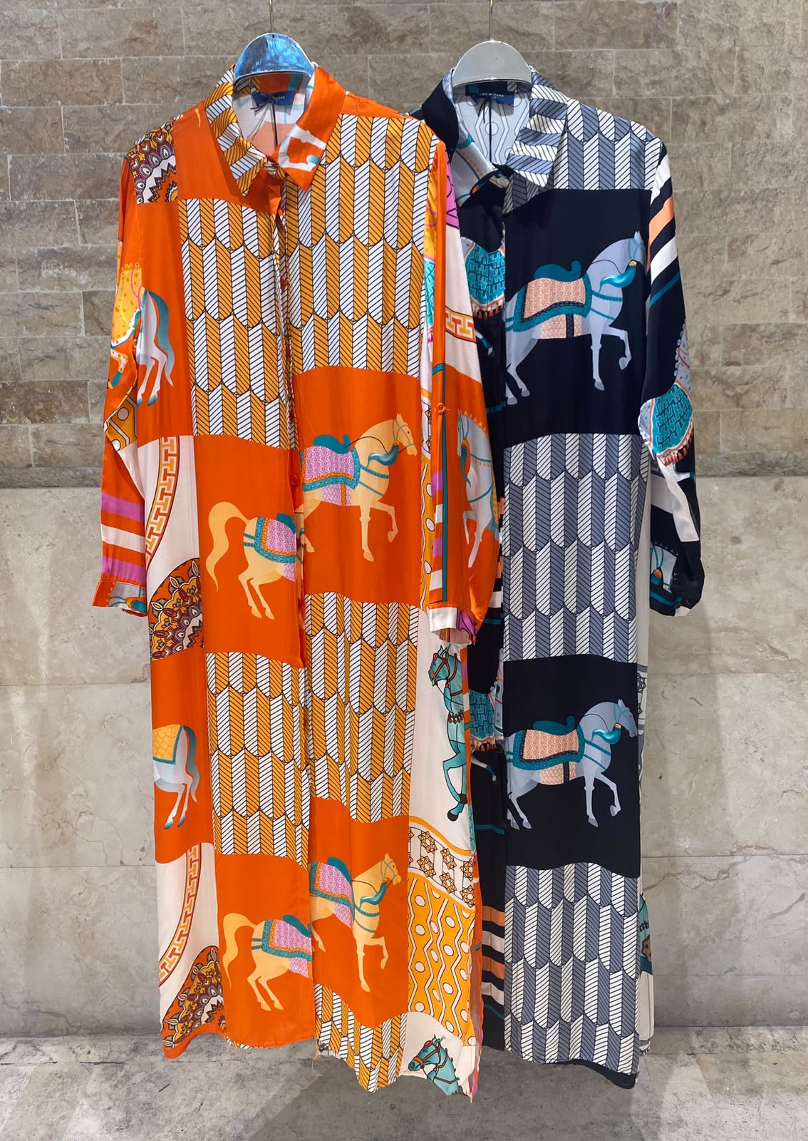 KD6255VS-20 Equestrian Print Oversized Satin Long Dress