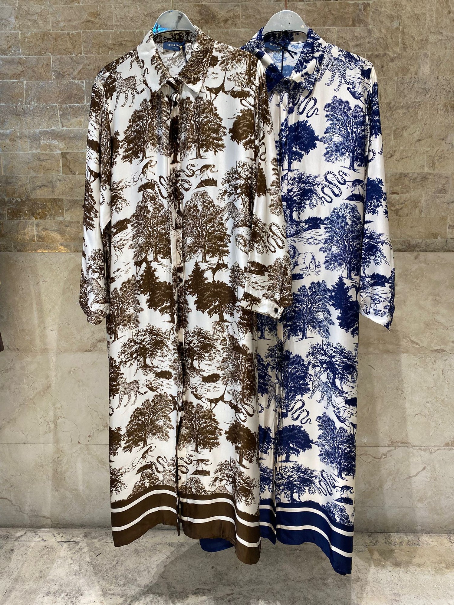 KD6255VS Dream Forest Safari Print Satin Long Dress - Brown Loft
