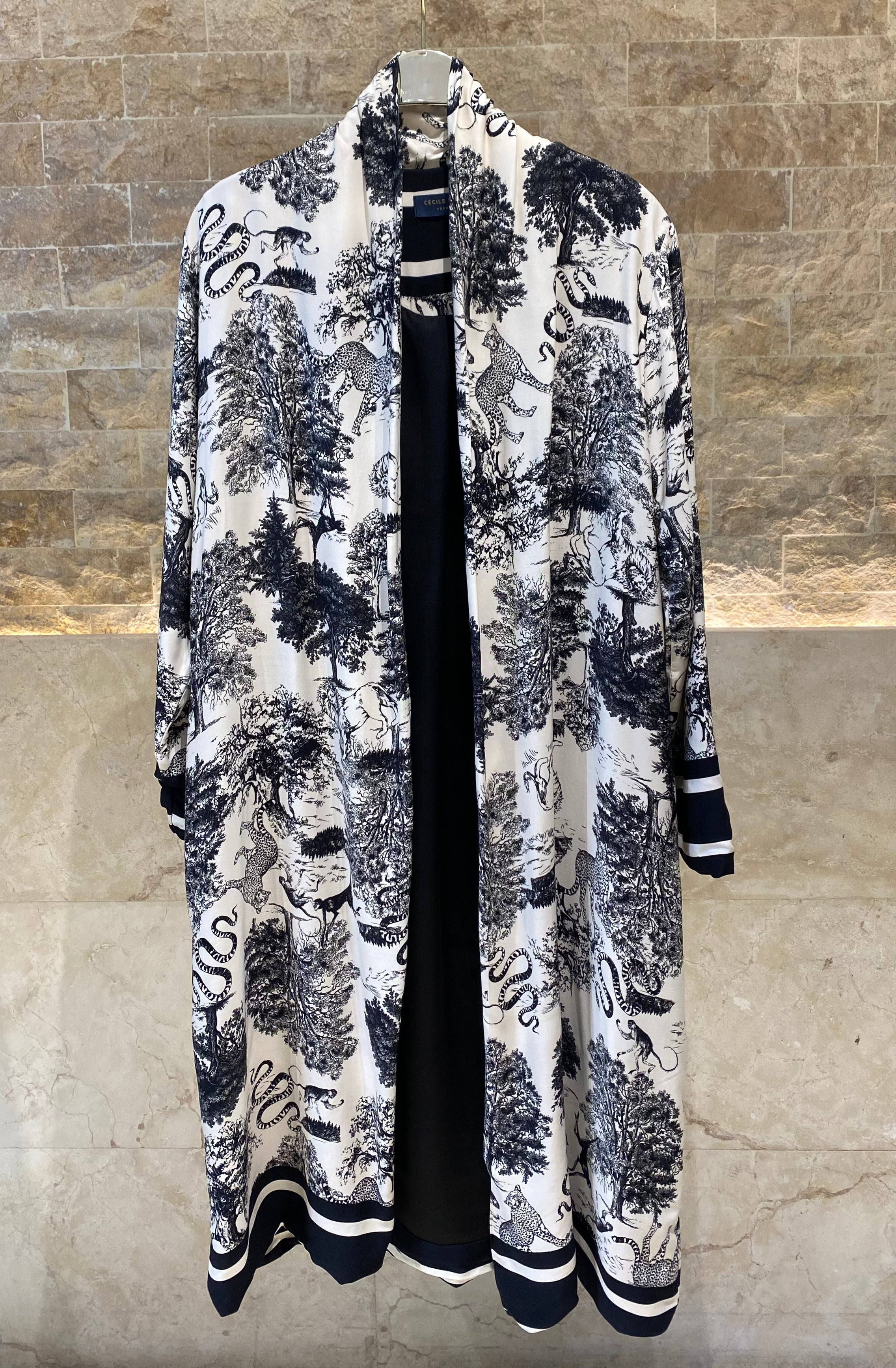 KD7182TN Safari Print Satin Long Cardigan - Brown Loft