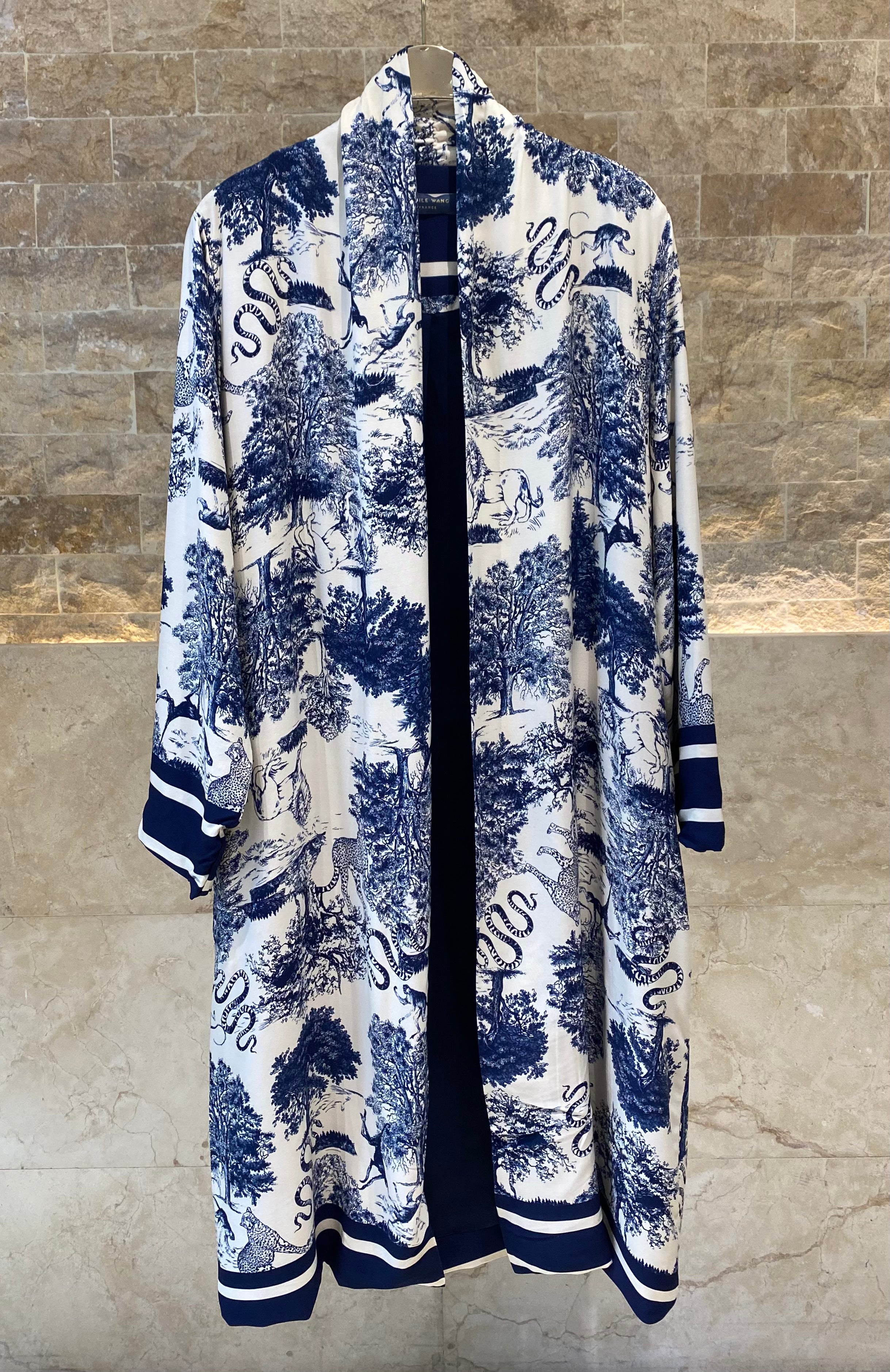 KD7182TN Safari Print Satin Long Cardigan - Brown Loft