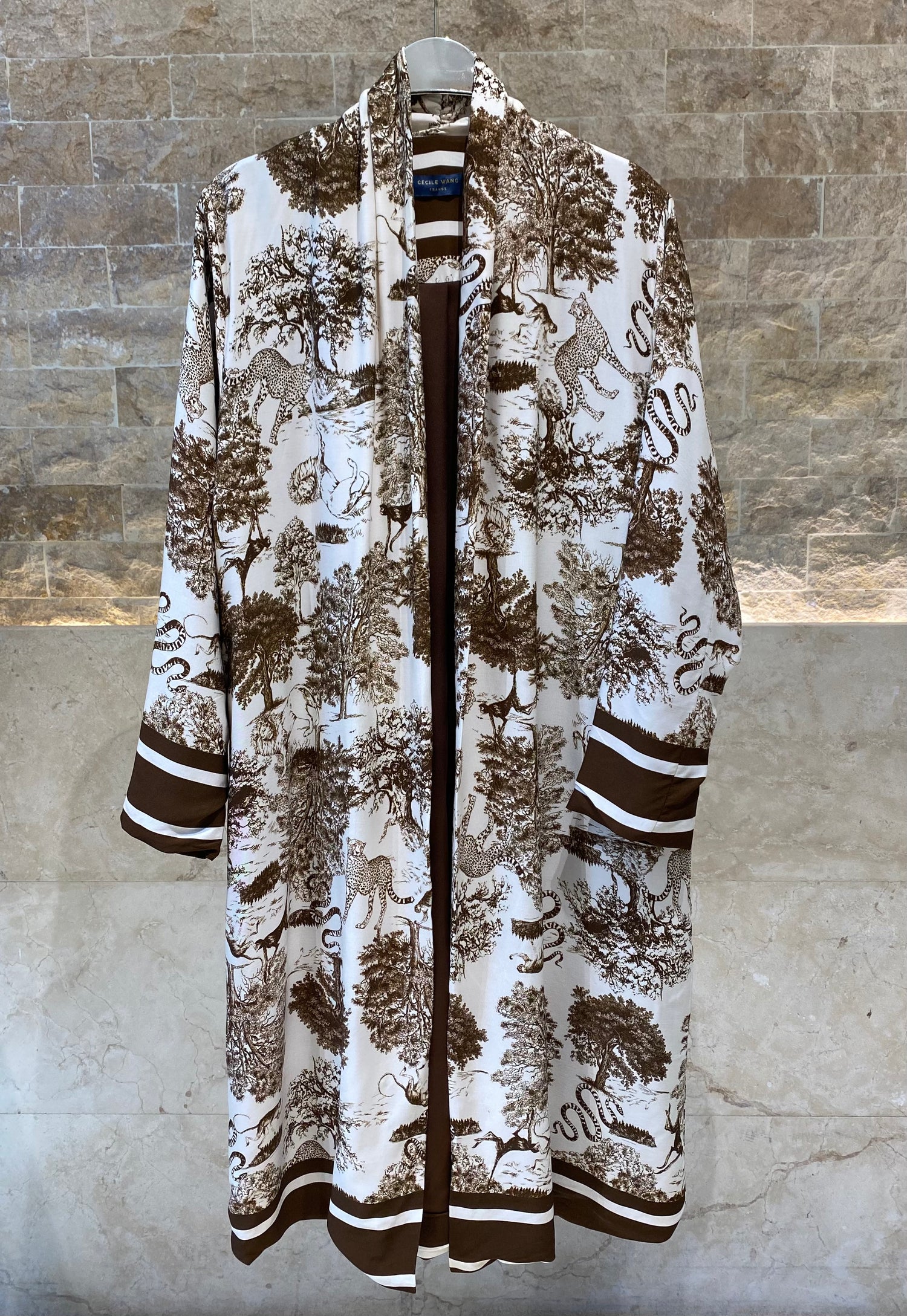 KD7182TN Safari Print Satin Long Cardigan - Brown Loft