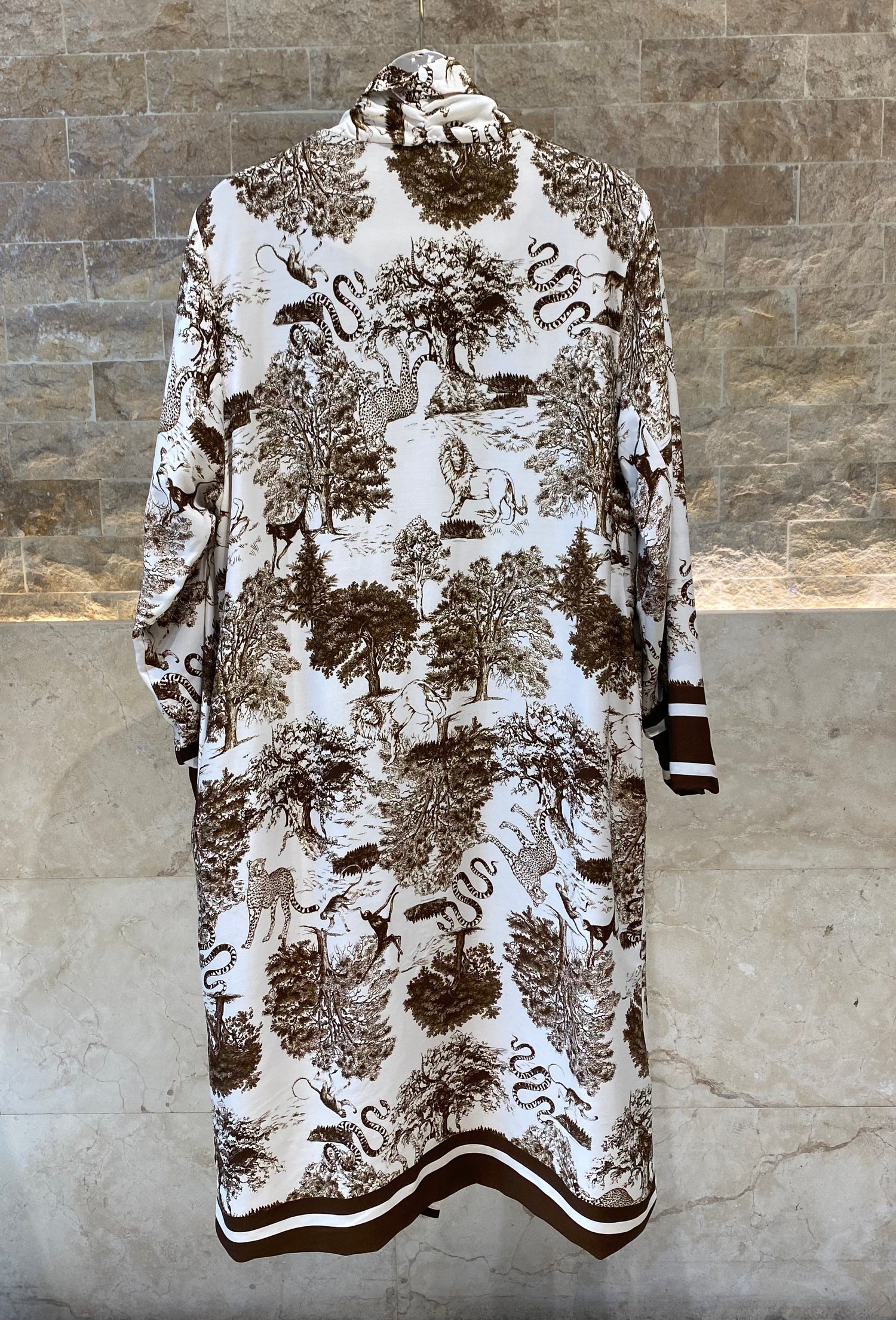 KD7182TN Safari Print Satin Long Cardigan - Brown Loft