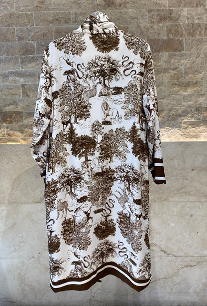 KD7182TN Safari Print Satin Long Cardigan - Brown Loft