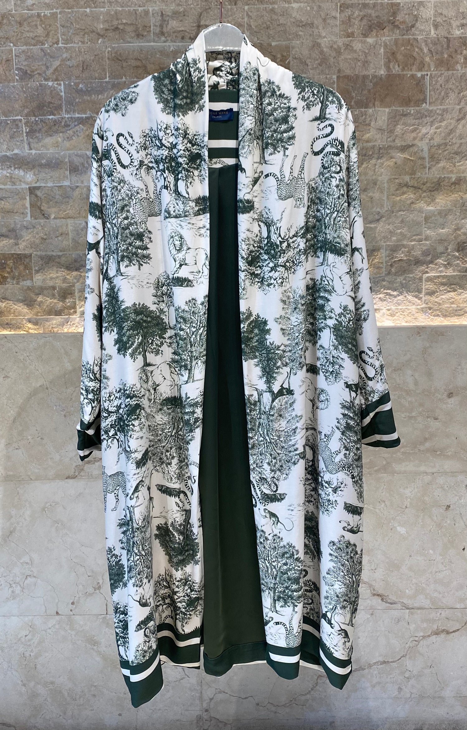 KD7182TN Safari Print Satin Long Cardigan - Brown Loft