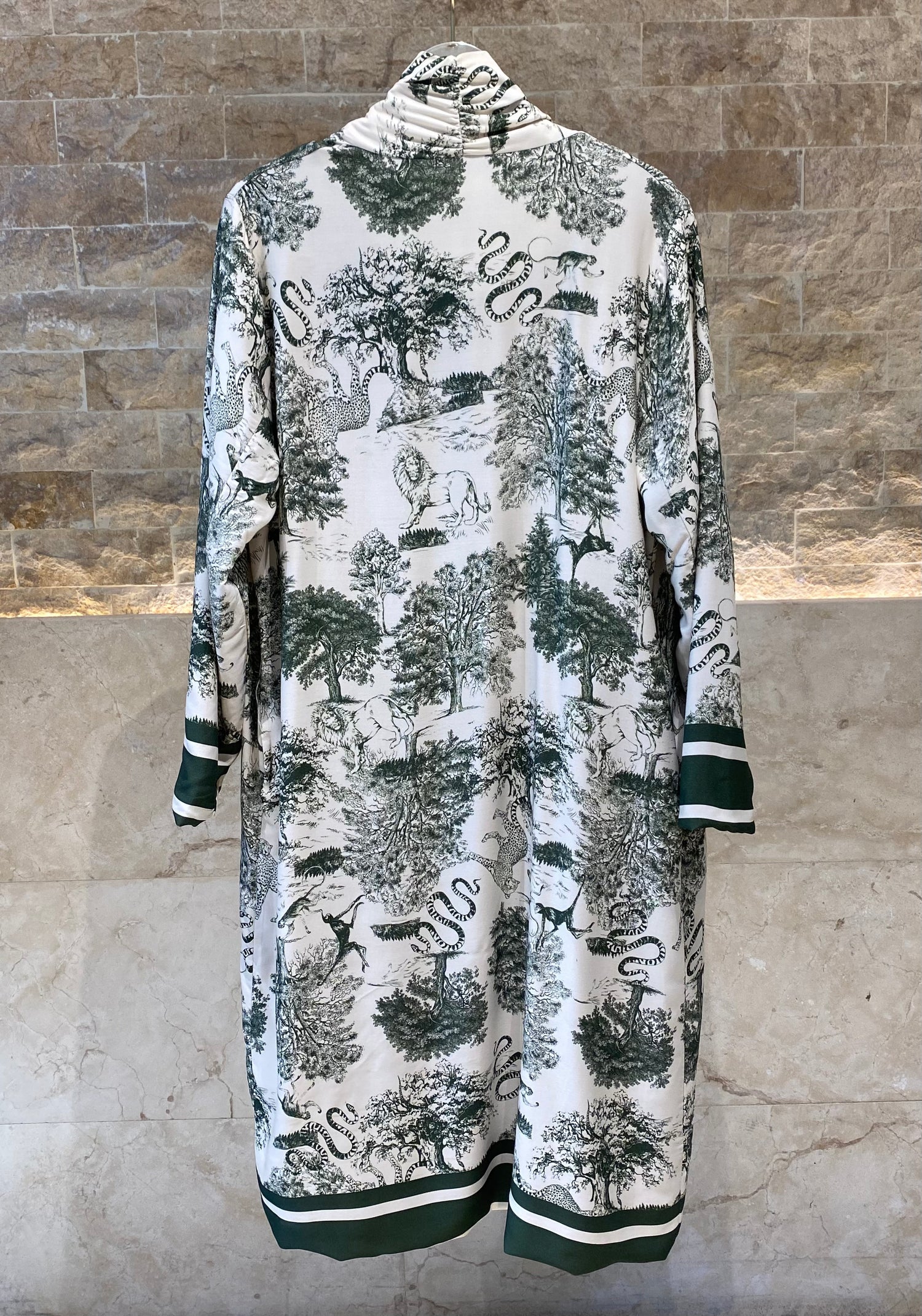 KD7182TN Safari Print Satin Long Cardigan - Brown Loft