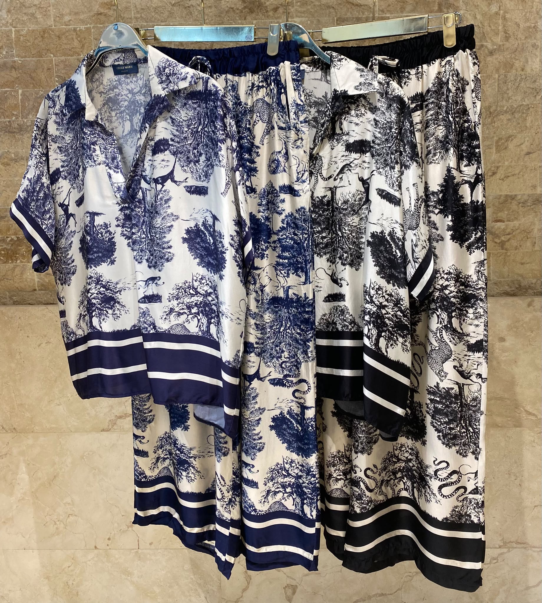 Toile de Jouy Print Satin Top and Pants Set KD7607/6637-2