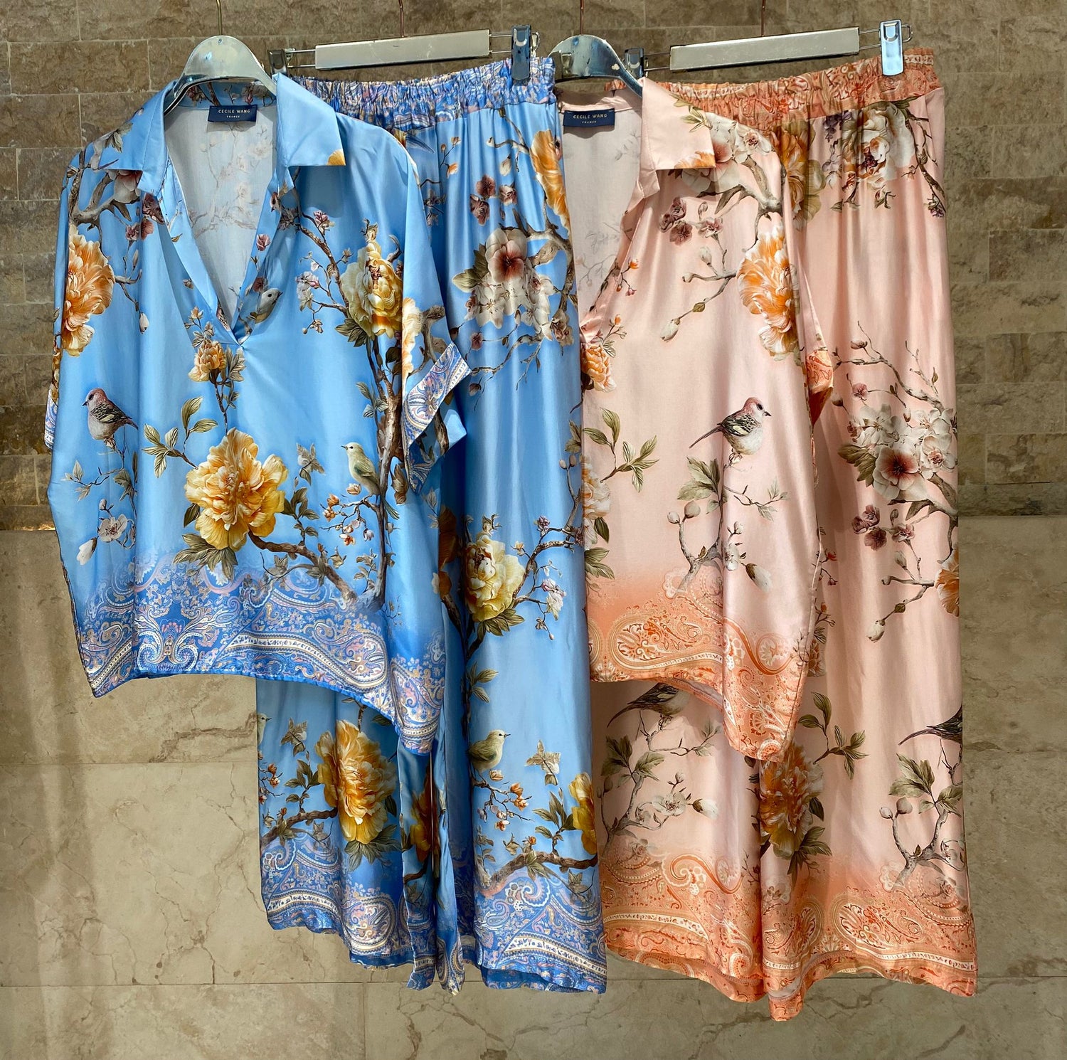 KD7607VS Floral Bird Print Satin Set - Brown Loft