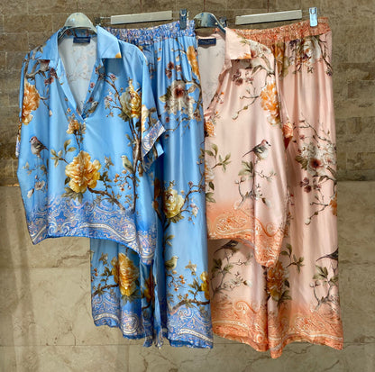KD7607VS Floral Bird Print Satin Set - Brown Loft