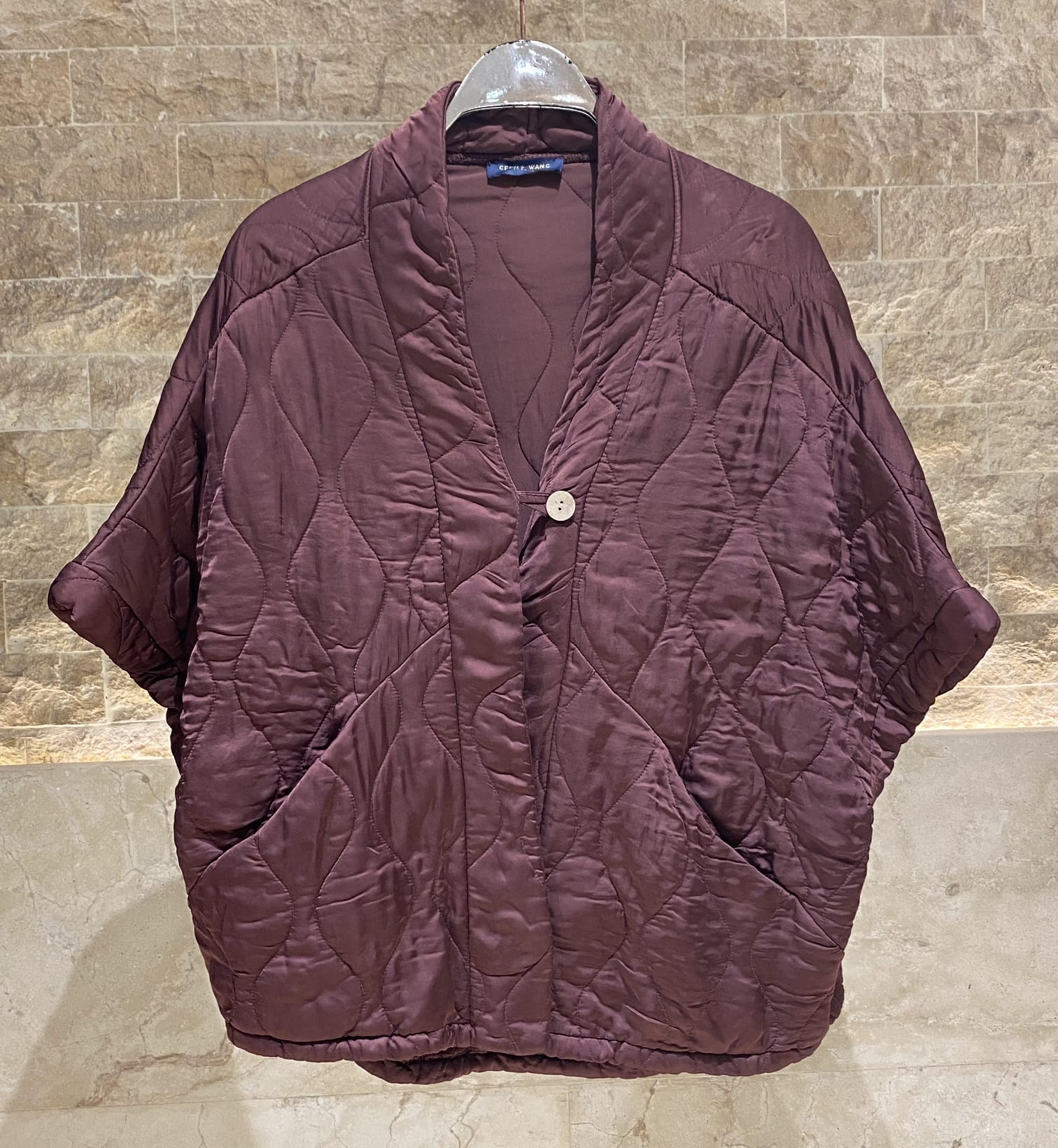 KD8018VS-4 Single Buttoned Quilted Matelasse Satin Cardigan - Brown Loft